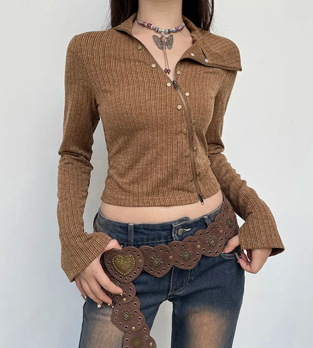 Asymmetrical Skinny Autumn T shirt Female Clothing Zipper Rivet Vintage Crop Top Jacket Fashion Chic Shirts Outwear