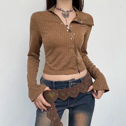 Load image into Gallery viewer, Asymmetrical Skinny Autumn T shirt Female Clothing Zipper Rivet Vintage Crop Top Jacket Fashion Chic Shirts Outwear
