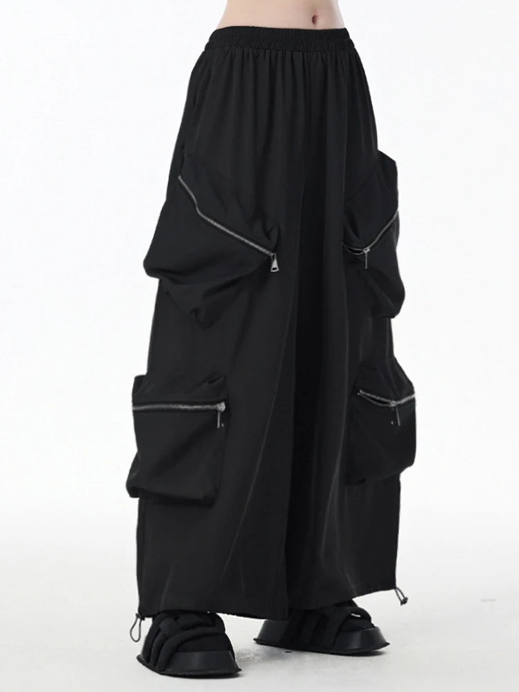 High Elastic Waist Black Zipper Pockets Shaped Wide Leg Pants New Trousers Women Fashion Tide Spring Autumn 2025  1DJ0901