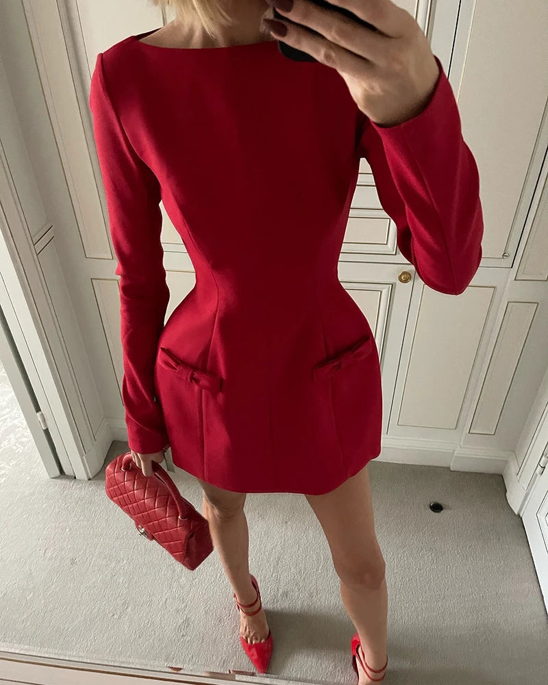 Double Bow Long Sleeve Sexy Mini Dress For Women Autumn Winter New Solid High Waist Bodycon Club Party Dress Elegant