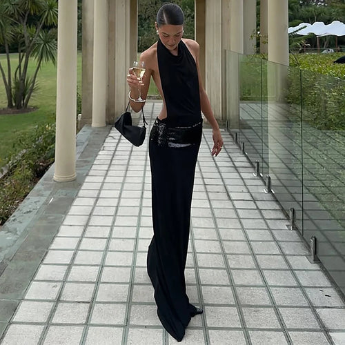 Load image into Gallery viewer, Black Halter Backless Sexy Maxi Dress For Women Gown Elegant Glitter High Waist O Neck Sleeveless Long Dress Elegant
