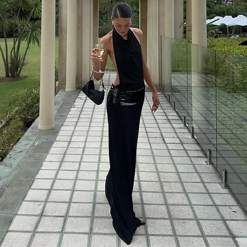 Black Halter Backless Sexy Maxi Dress For Women Gown Elegant Glitter High Waist O Neck Sleeveless Long Dress Elegant