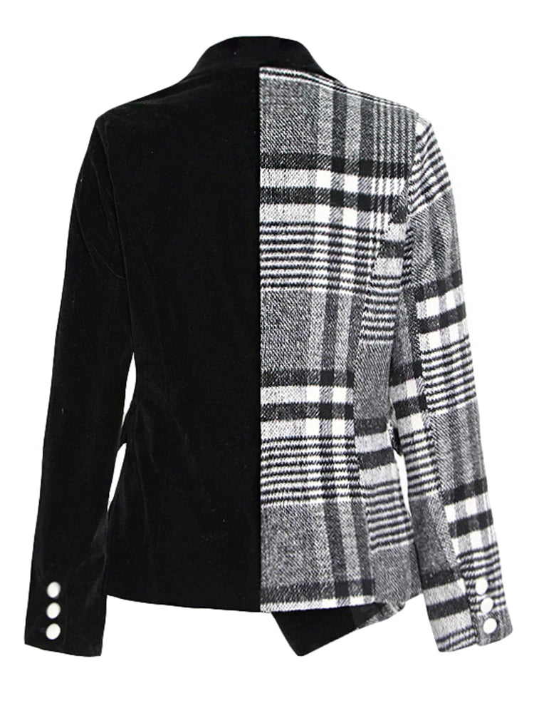 Spliced Single Breasted Plaid Coats For Women Notched Collar Long Sleeve Patchwork Pocket Chic Blazer Female New