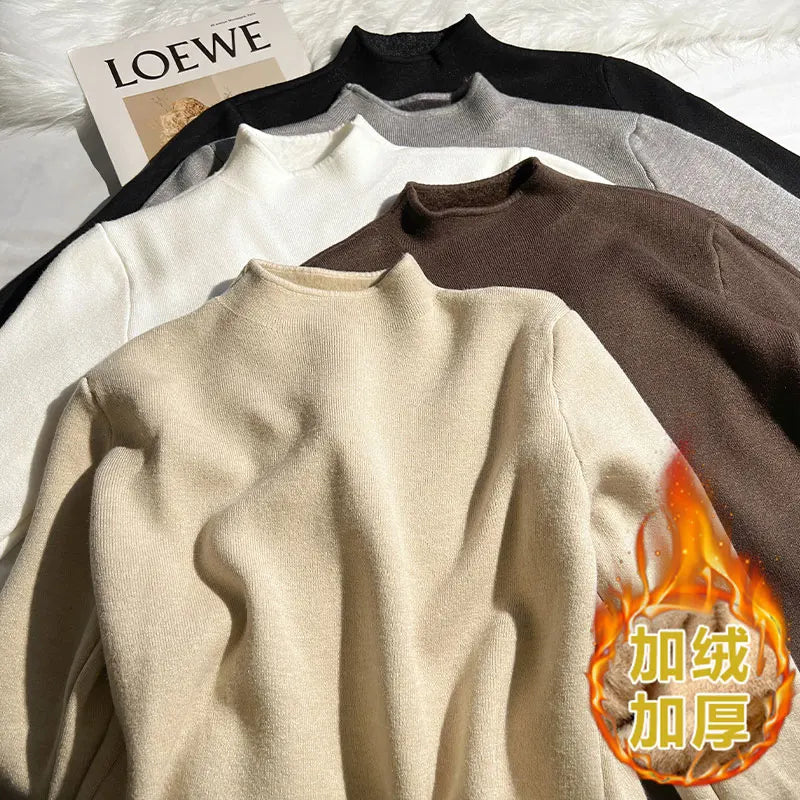 Solid Elegant Basic Knit Pullover Tops Women Half Turtlneck Velvet Sweater Long Sleeve Casual Slim Korean Fashion Autumn Winter