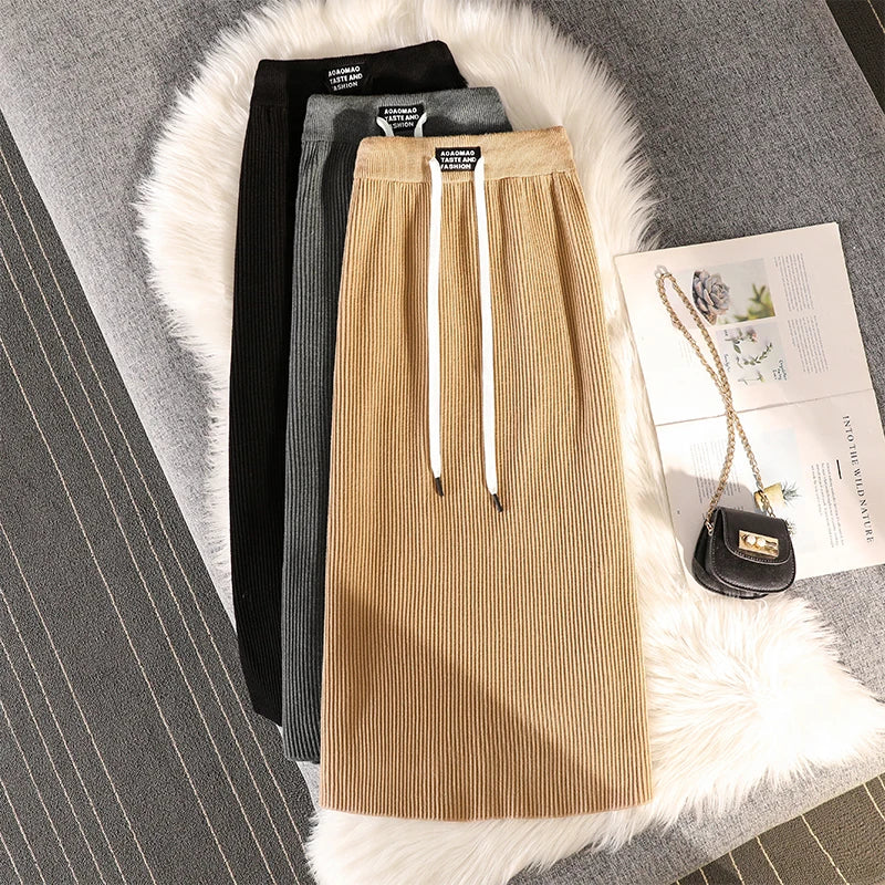 Casual Knit Midi Pencil Skirt Women 2022 Fashion Elastic High Waist Office Lady A-line Skirts Streetwear Autumn Winter