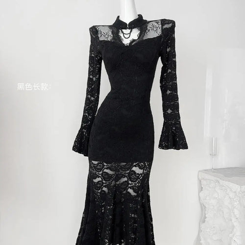 Load image into Gallery viewer, Autumn Chinese Style Black Lace Elegant Hollow Out Prom Gown Fishtail Dress Women Vintage Pink Long Sleeves Party Evening Dress
