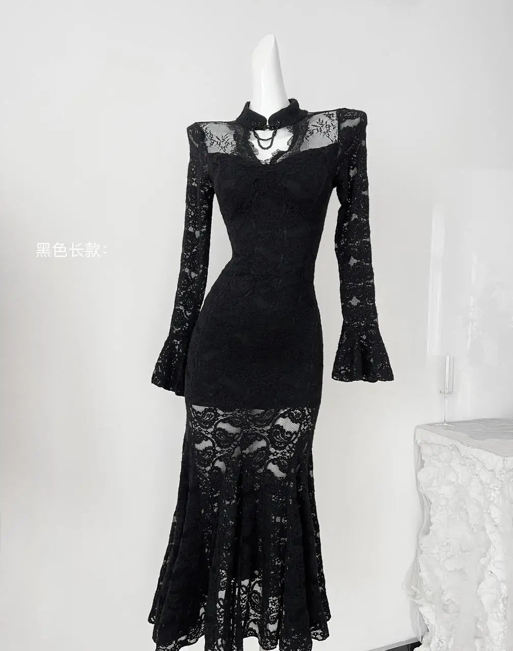 Autumn Chinese Style Black Lace Elegant Hollow Out Prom Gown Fishtail Dress Women Vintage Pink Long Sleeves Party Evening Dress