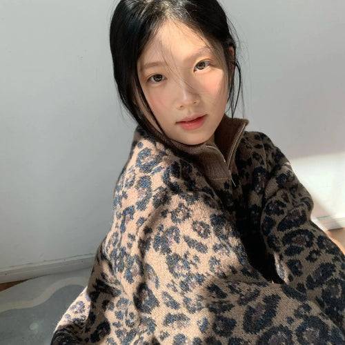 Load image into Gallery viewer, Y2k Aesthetic Leopard Print Casual Cardigans 2025 Women Vintage Stand Neck Knitwear Tops Harajuku Loose Grunge Patchwork Sweater
