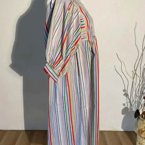 Load image into Gallery viewer, Women Striped Spliced Long Shirt Dress New Stand Collar Three-quarter Sleeve Loose Fit Fashion Spring Autumn 2025 1DE0219
