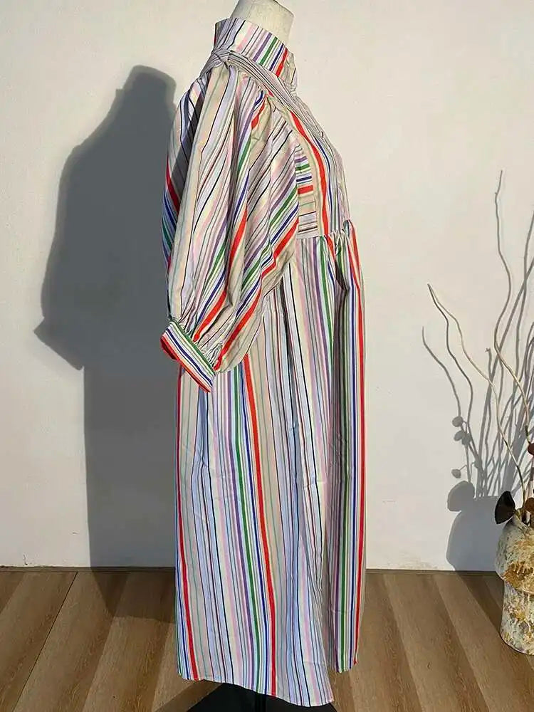 Women Striped Spliced Long Shirt Dress New Stand Collar Three-quarter Sleeve Loose Fit Fashion Spring Autumn 2025 1DE0219