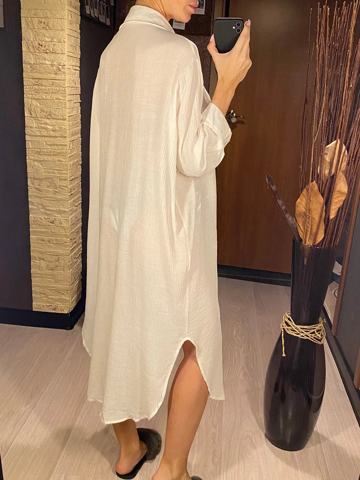 Summer White Shirt Long Sleeve Top Cotton Tunic Beach Cover Up Cover-ups Beach Dress Beach Wear Beachwear Female Women V4249