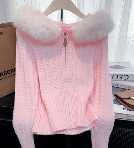 Retro Fashion Women Solid Long Sleeve Knitted Twists Sweater 2024 New Autumn Winter Ladies Hooded Hairy Neck Zipper Cardigan Top