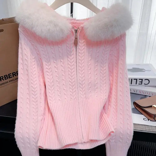 Load image into Gallery viewer, Retro Fashion Women Solid Long Sleeve Knitted Twists Sweater 2024 New Autumn Winter Ladies Hooded Hairy Neck Zipper Cardigan Top
