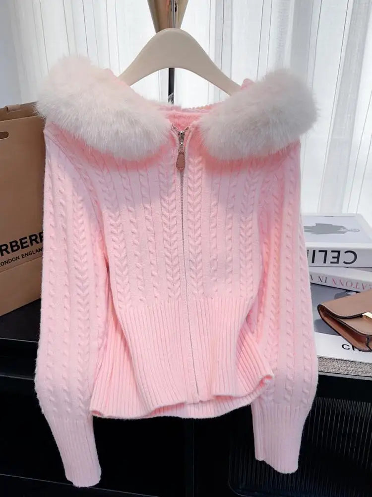 Retro Fashion Women Solid Long Sleeve Knitted Twists Sweater 2024 New Autumn Winter Ladies Hooded Hairy Neck Zipper Cardigan Top