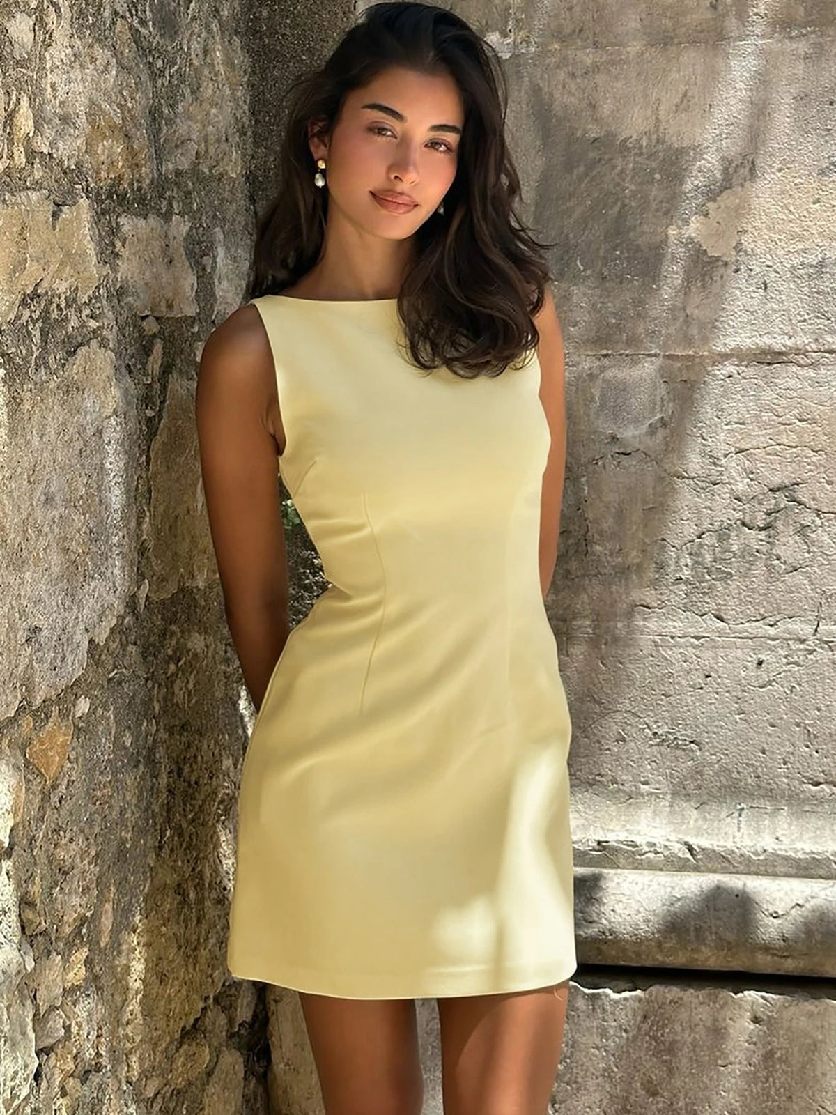 Elegant Solid O Neck Sleeveless Bright Line Zip Up Sexy Bodycon Mini Dress Summer Women Y2K Outfits Vacation Party