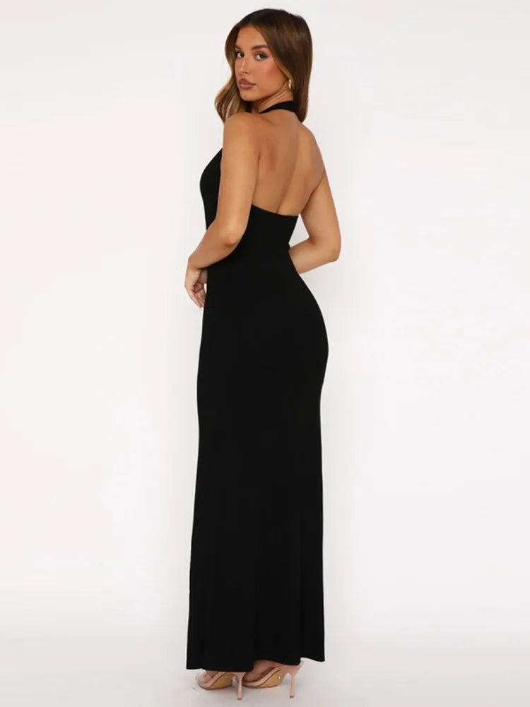 Halter Backless Sexy Maxi Dress Women Gown Summer New Solid U Neck Sleeveless High Waist Long Dress Elegant 2025