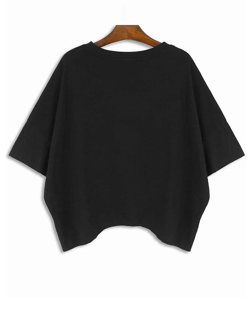 Women Black Pleated Spliced Big Size Irregular T-shirt New Round Neck Short Sleeve Fashion Tide Spring Summer 2025 1DH5857