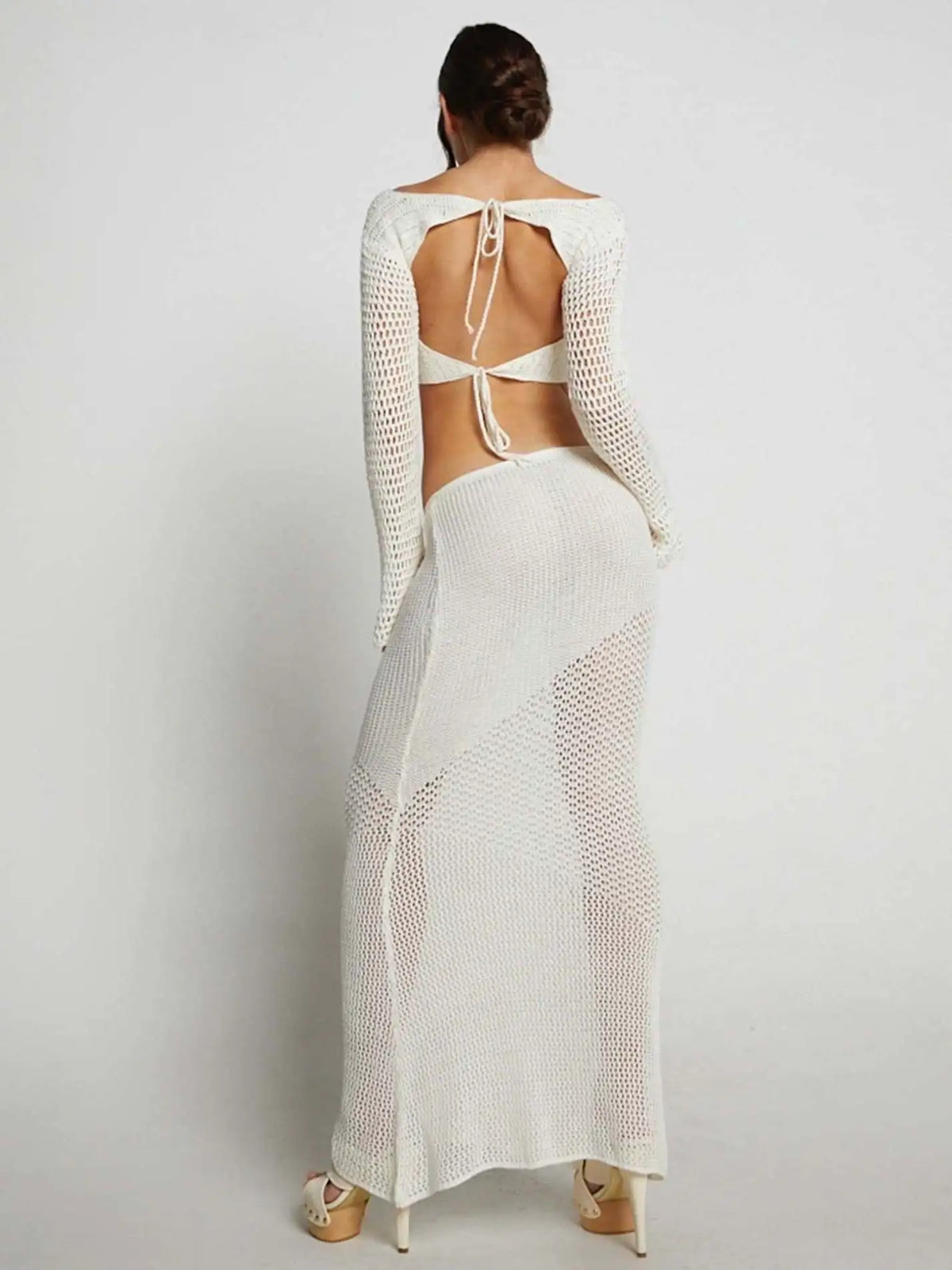 Sexy Lace Up Long Sleeve Casual Knitted Long Dress Set Women's Square Neck Top Long Dress Two Piece Beach Party Set