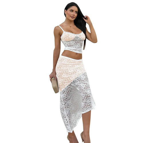 Load image into Gallery viewer, Lace Sexy Two Piece Sets Women Lace Halter Cropped Tops And Skirt Ladies Print Contrast Color Club Party 2 Piece Sets
