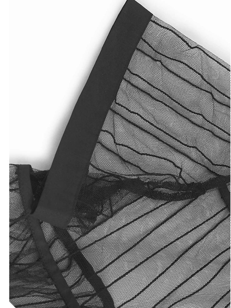 Women Black Mesh Perspective Midi Elegant Shirt Dress New Lapel Short Sleeve Fashion Tide Spring Summer 2025 1DJ0866