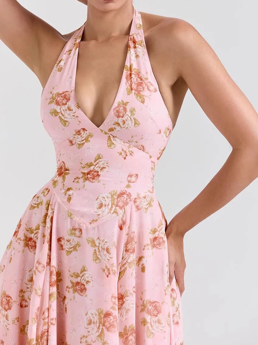 Hit Color Printing Slimming Dresses For Women V Neck Sleeveless High Waist Temperament Dress Female Fashion Style