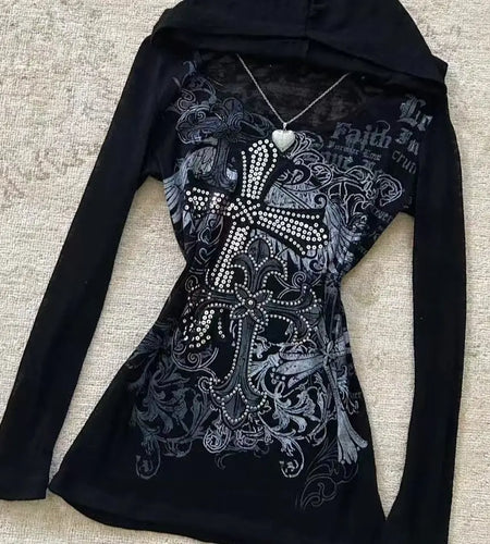 Women Clothing Streetwear Hooded T Shirts Slim Waist Long Sleeve Print Diamond Tees Y2k Tops Ropa Mujer Casual Fashion T-shirt