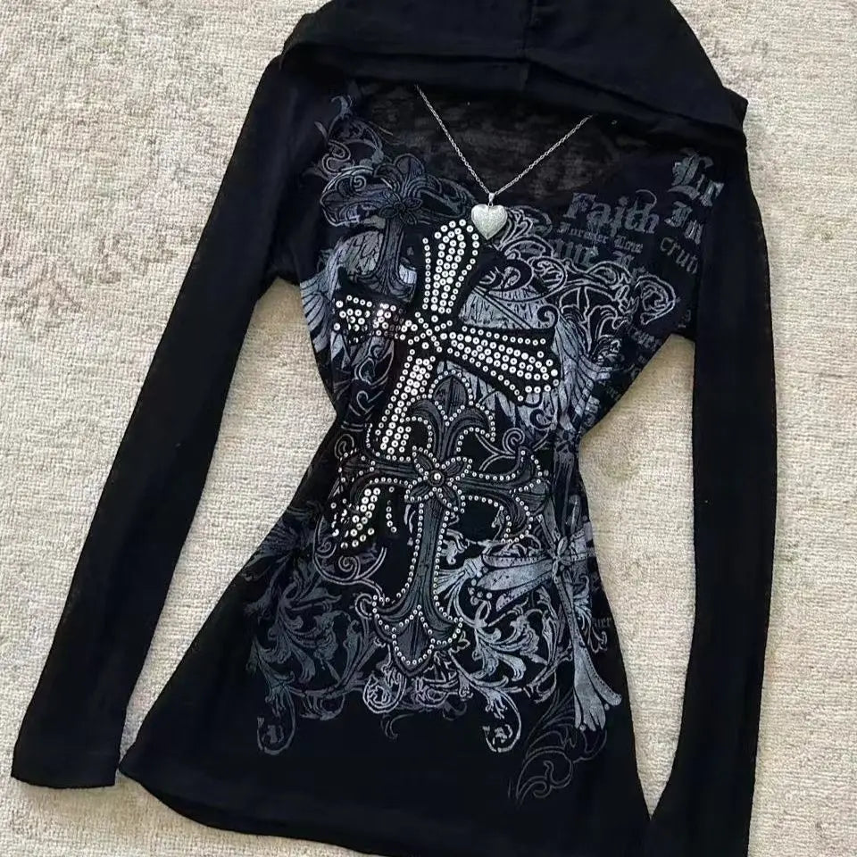 Women Clothing Streetwear Hooded T Shirts Slim Waist Long Sleeve Print Diamond Tees Y2k Tops Ropa Mujer Casual Fashion T-shirt