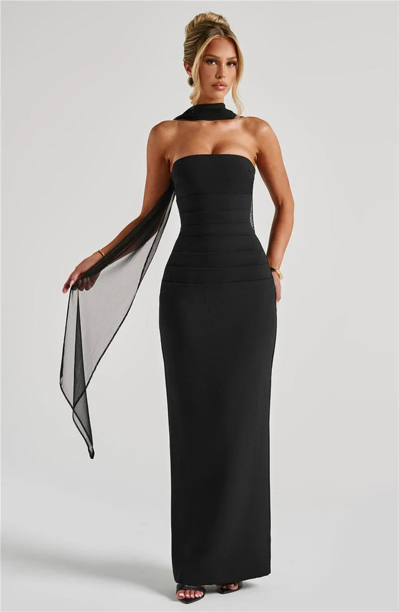 Scarf Collar Strapless Sexy Maxi Dress For Women Fashion Off-shoulder Backless Bodycon Club Party Long Dress Elegant