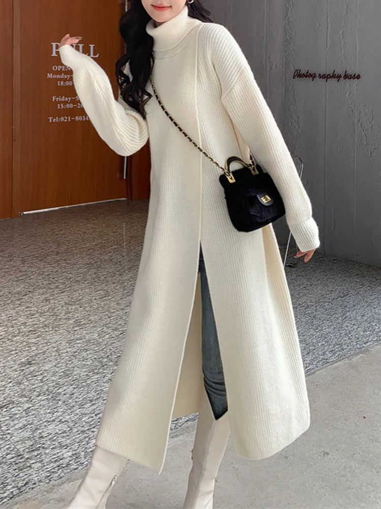 Women Orange Knitting Long Slit Big Size Dress New Turtleneck Long Sleeve Loose Fit Fashion Spring Autumn 2025 1DE5886