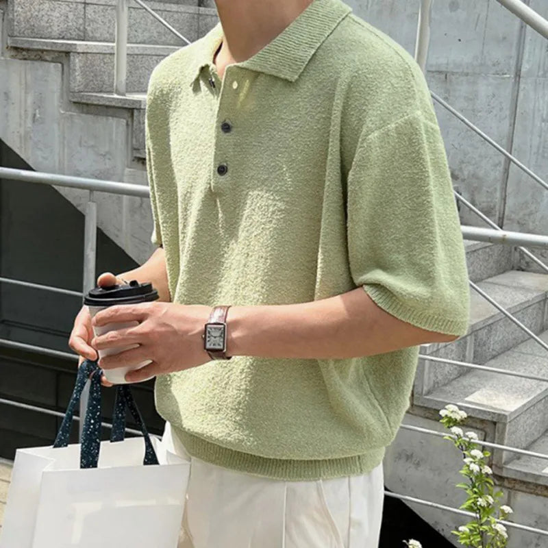 Short Leeved Men's T-shirt Korean Style  Simple Retro Kniting Lapel Trend Fashion Loose Casual Male Top 9C5632