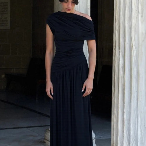 Load image into Gallery viewer, Incline Shoulder Backless Sexy Maxi Dress Women Summer New Fashion Sleeveless Pleated Ruched Club Party Long Dress
