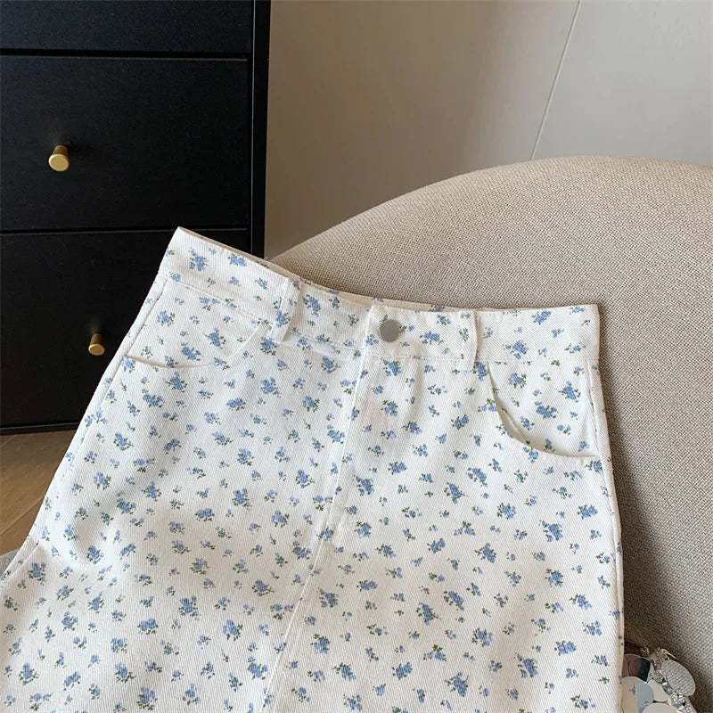 Korean Spring Summer New Vintage Sweet High Waist Fashion Denim A-line Short Pencil Skirt Women Flower Wrapped Hip Mini Skirts