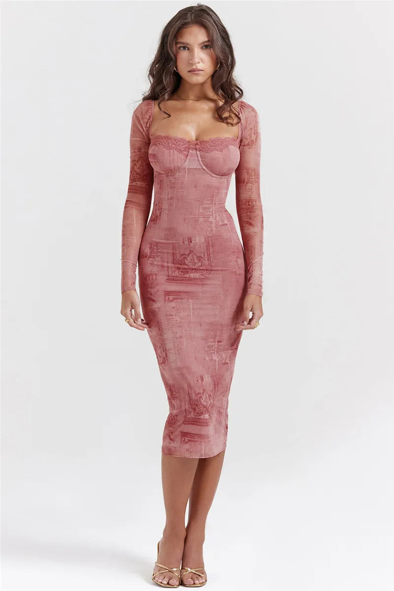 Square Collar Long Sleeve Print Sexy Midi Dress Women Autumn Winter New Bodycon Long Dresses Elegant Club Party Dress