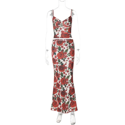 Load image into Gallery viewer, Floral Print Sexy Skirt Two Piece Sets Women Fashion Sleeveless Crop Tops And Long Skirt Femme Printed Two Piece Sets
