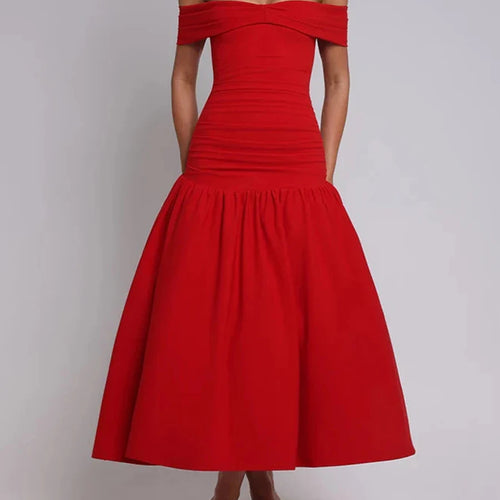 Load image into Gallery viewer, Solid Slimming Temperament Dresses For Women Slash Neck Short Sleeve High Waist Temperament Dress Female Fashion
