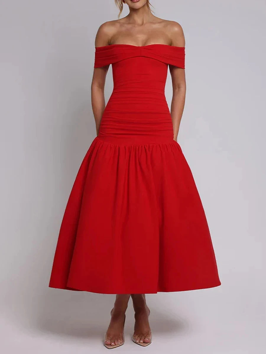 Solid Slimming Temperament Dresses For Women Slash Neck Short Sleeve High Waist Temperament Dress Female Fashion