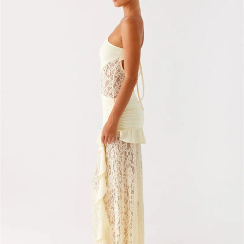 Load image into Gallery viewer, One Shoulder Backless Sexy Maxi Dress Women Lace Patchwork Fashion Sleeveless Lace-up Draped Ruffle Club Long Dress
