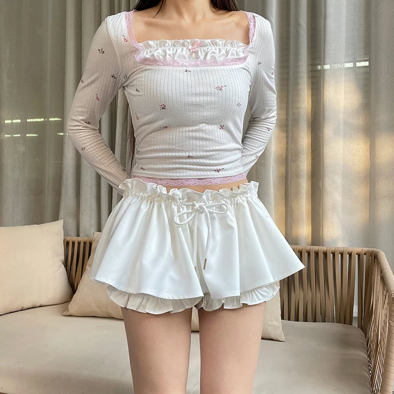 Hotsweet Coquette White Ruched Shorts Skirt Women Ruched Korean Fashion Shirring Summer Skirt Kawaii Y2K Ruffles Chic