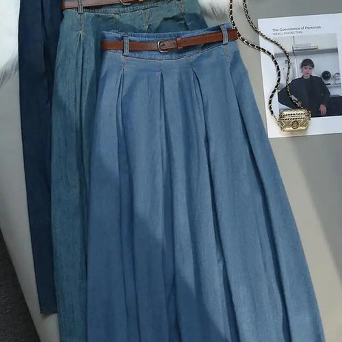 Load image into Gallery viewer, Korean Style High Waist Retro Belt Long Skirts For Women Fashion 2023 Summer Thin A-line Denim Skirt Women&#39;s Midi Elastic Skirt
