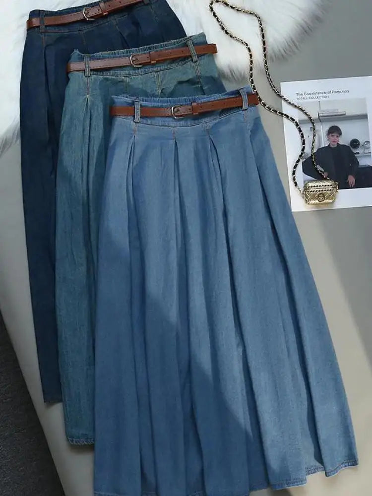 Korean Style High Waist Retro Belt Long Skirts For Women Fashion 2023 Summer Thin A-line Denim Skirt Women's Midi Elastic Skirt