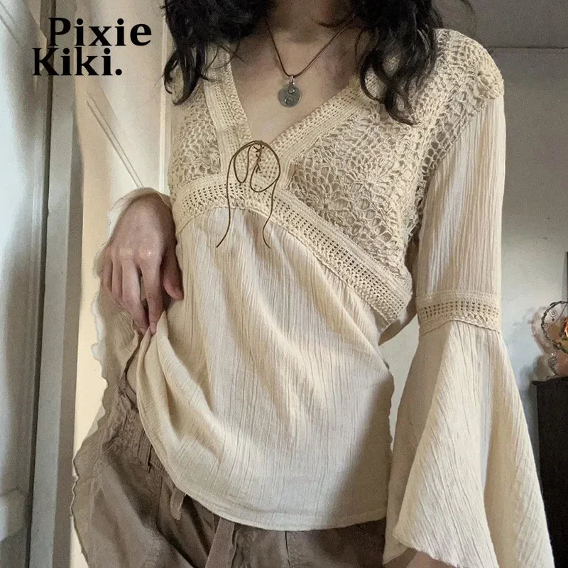 Fairy Gurnge Y2k Western Shirts Woman Flared Long Sleeve V Neck Tops Vintage Boho Earthy Hippie Clothes P67-DC15