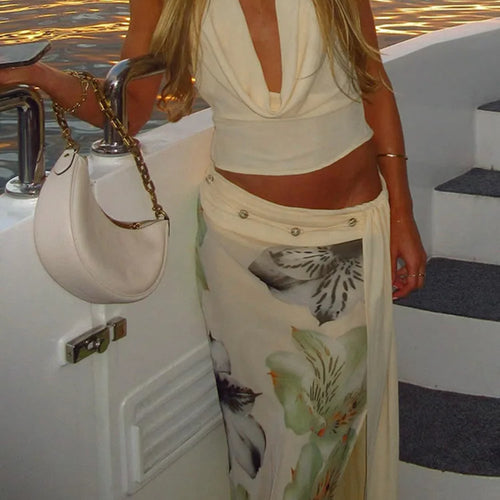 Load image into Gallery viewer, Mesh Print Skirt Two Piece Sets Women Halter Backless Tank Tops And Maxi Skirt Female Slim Summer Split Dress Sets
