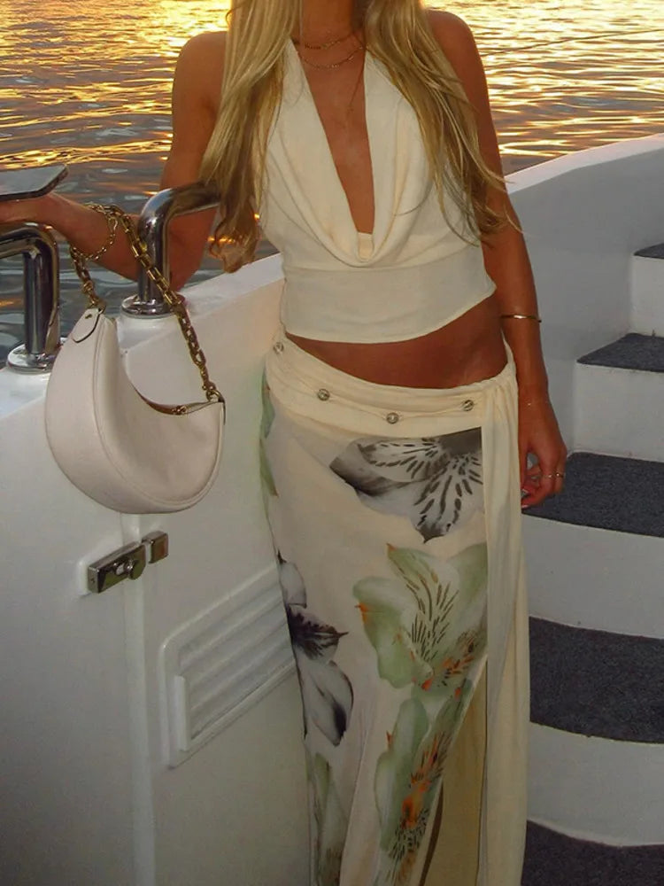 Mesh Print Skirt Two Piece Sets Women Halter Backless Tank Tops And Maxi Skirt Female Slim Summer Split Dress Sets