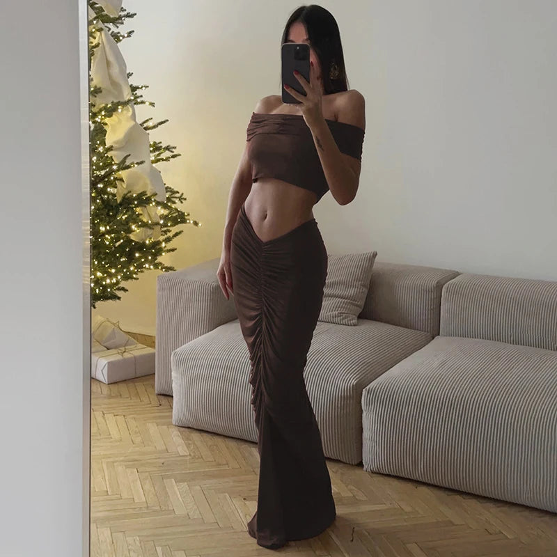 Sexy Skirt Two Peces Sets Women Elegant Off-shoulder Slim Fit Crop Top And Bodycon Skirt Two Peces Sets Ladies Outfits
