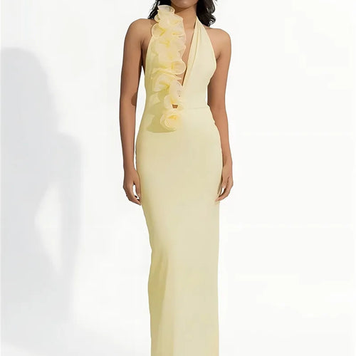 Load image into Gallery viewer, Mesh Rose Deep V Neck Sexy Maxi Dress For Women Gown Elegant Halter Sleeveless Backless Bodycon Club Party Long Dress
