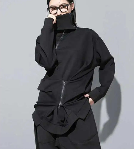Loose Fit Black Zipper Irregular Sweatshirt New Turtleneck Long Sleeve Women Big Size Fashion Spring Autumn 2025 1DH0576