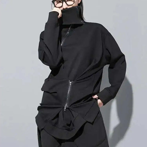 Load image into Gallery viewer, Loose Fit Black Zipper Irregular Sweatshirt New Turtleneck Long Sleeve Women Big Size Fashion Spring Autumn 2025 1DH0576
