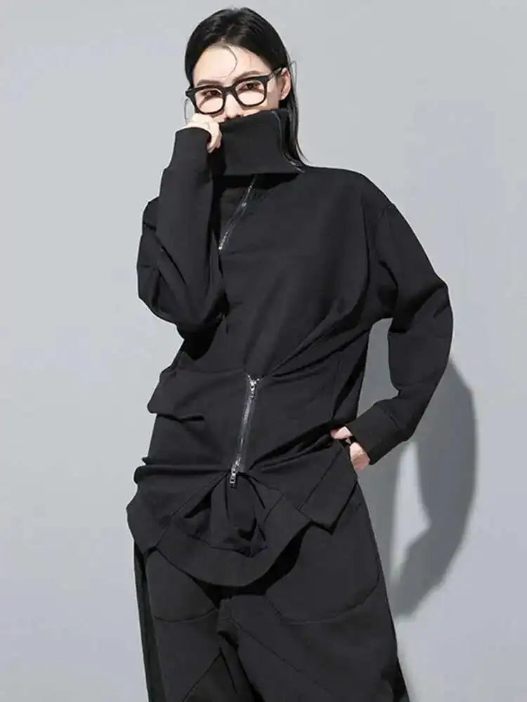 Loose Fit Black Zipper Irregular Sweatshirt New Turtleneck Long Sleeve Women Big Size Fashion Spring Autumn 2025 1DH0576