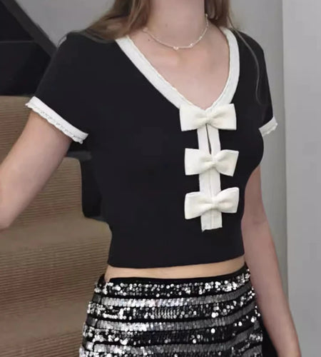 Hit Color Slimming Spliced Bowknot T Shirts For Women O Neck Short Sleeve Temperament Short T Shirt Female Fashion