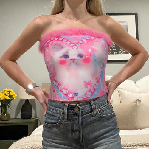Load image into Gallery viewer, Cutecore Pink Animal Printed Feather Summer Tube Top Strapless Kawaii Mini Crop Tops Female Coquette  Clothes Korean
